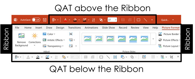 The quick access toolbar above and below the Microsoft Office Ribbon