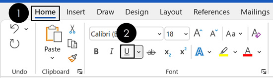 The underline command is on the Home tab in Word, Excel, and PowerPoint