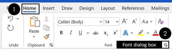 You can open the font dialog box by clicking the home tab and then clicking the diagonal facing arrow in the Font group