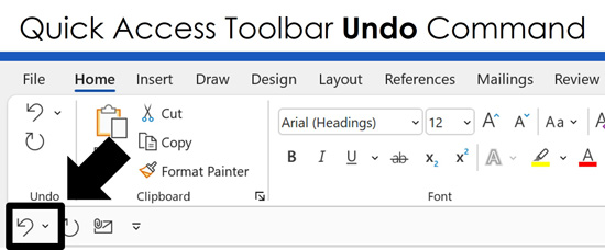If you do not see the undo command in the ribbon, it is on your quick access toolbar