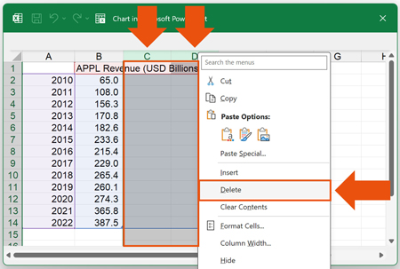 Select the and delete the blank columns of information in the underlying Excel spreadsheet.