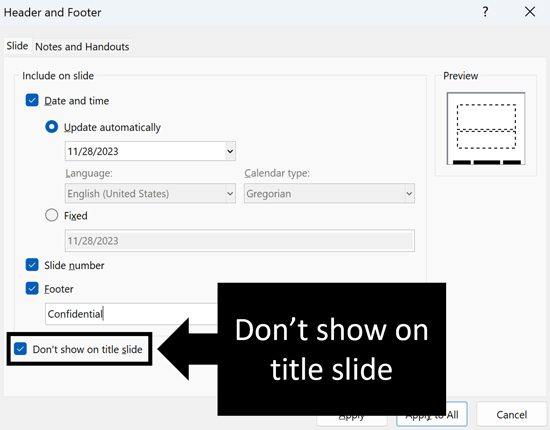 Don't show on title slide option in the header and footer dialog box