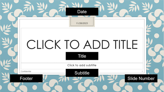 Example of a title slide in PowerPoint with a title, subtitle, date, slide number, and footer