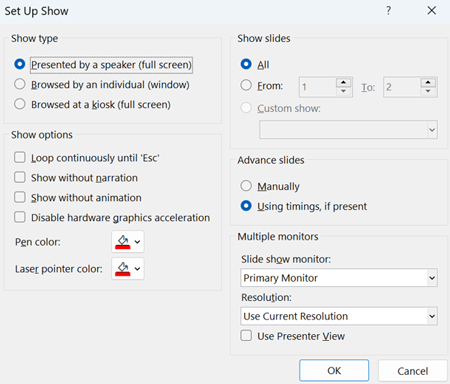 Picture of the set up show dialog box in PowerPoint, where you can customize how your PowerPoint presentation runs.