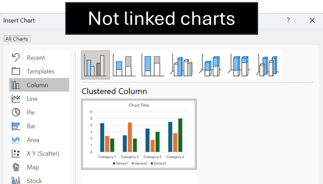 Charts created using the Insert tab in PowerPoint are not linked charts.