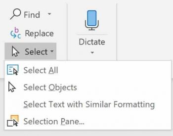 The Select drop down in Word where you can choose what kinds of things you want to select including Select All