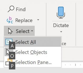 Example of using the Ribbon guides in PowerPoint to get at the commands in the selection drop down