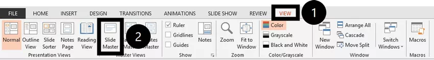 To navigate to the Slide Master view in PowerPoint, click the View tab and then select the Slide Master button.