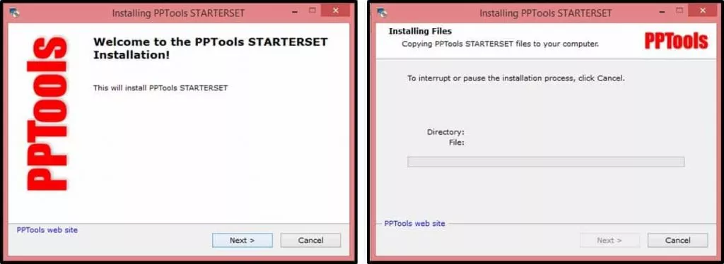 The installation dialog box showing you that the PPTools starterset is installing