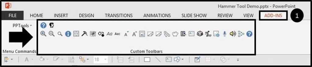 Click the Add-ins tab in PowerPoint to see all the custom toolbars and commands you get with the PPTools add-in