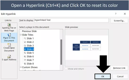 To reset a hyperlink's color, simply select the hyperlink, hit control plus k to open the Insert Hyperlink dialog box and click ok