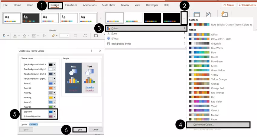 To change the color of your hyperlinking in PowerPoint, from the Design tab, navigate to customize colors, change your hyperlink and followed hyperlink colors and click save