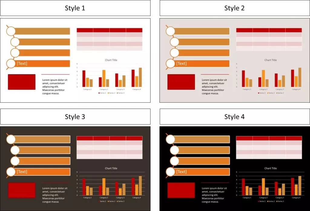 Examples of different theme colors applied to different presentations