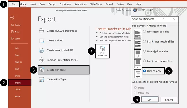 To export your PowerPoint outline to Word, use the create handouts command and select the Outline only option