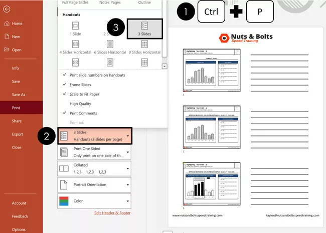 Using the print options in PowerPoint, select the three slides with lines layout to print your slides with blank lines for notes next to them
