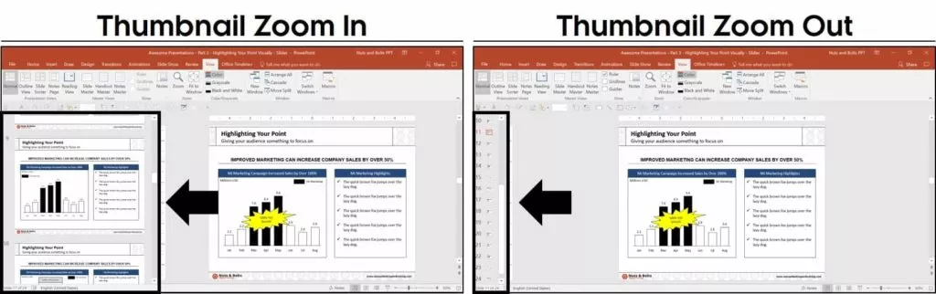 Examples of zooming in and out of the thumbnail view in PowerPoint