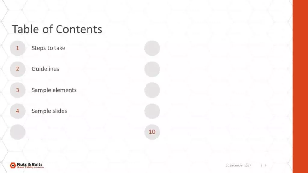 Example of a table of contents the slide with round circle in PowerPoint