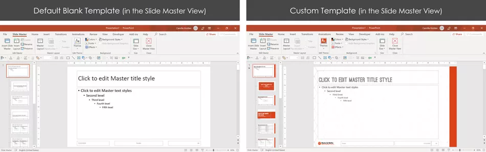 Example of a blank PowerPoint template versus a formatted PowerPoint template