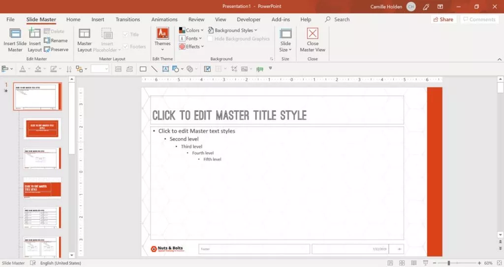 Example of the custom PowerPoint template in the Slide Master View.