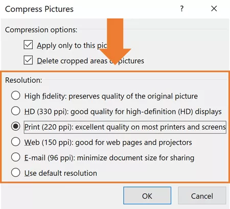 the compress pictures command resolution options