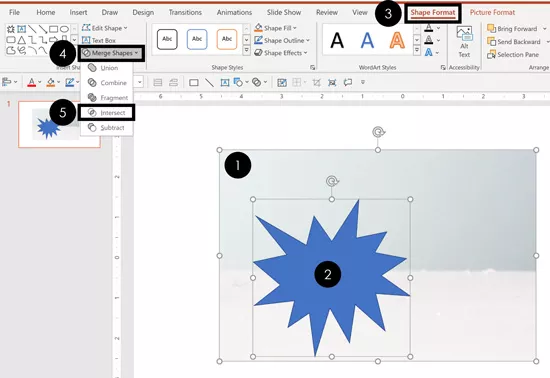 Open the merge shapes dropdown and select Intersect to intersect a shape with a picture in PowerPoint