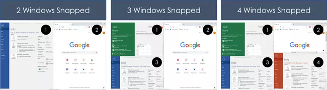 Examples of Windows snapped into place in Windows 10