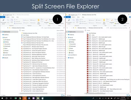 Example of two file explorer windows in split screen in Windows 10
