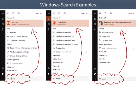 Examples of window searches after hitting the Windows key and then typing text