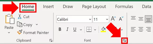Select the Home tab in Excel and click the downward facing arrow to open the Format Cells dialog box
