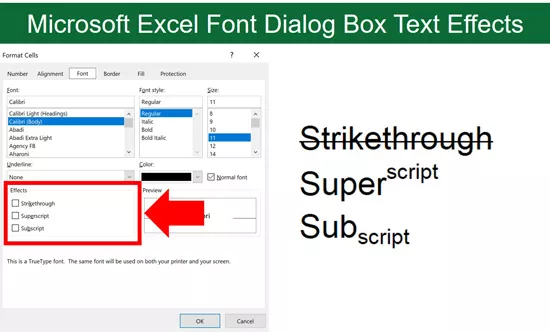 Examples of the different text effects inside the Format Cells dialog box in Excel