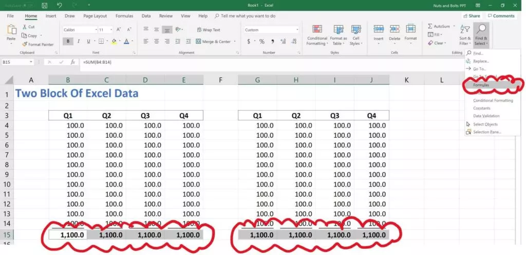 Example of using the Find and Select drop down in Excel to select comments