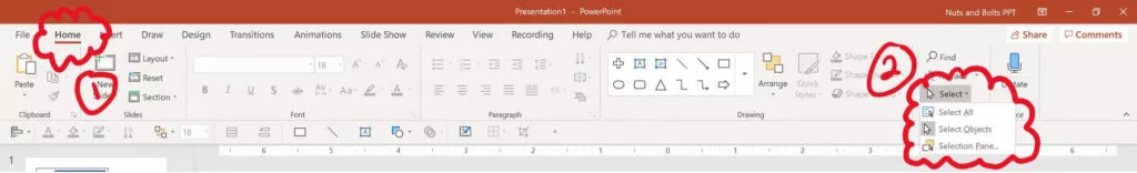 From the Home tab in PowerPoint, open the Select drop down in the Editing group to see the different Select All commands