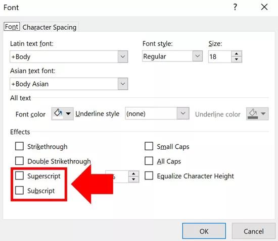 Inside the Font dialog box select the superscript or subscript formatting and click OK