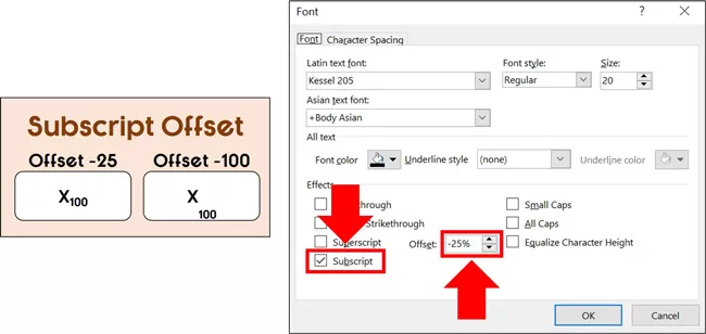 Use the Font dialog box to adjust the offset of your Subscript in PowerPoint