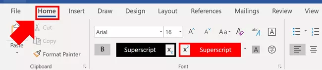 From the Home tab select either subscript or superscript