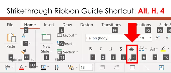 The ribbon guide shortcut for the strikethrough command in PowerPoint is Alt, H, 4