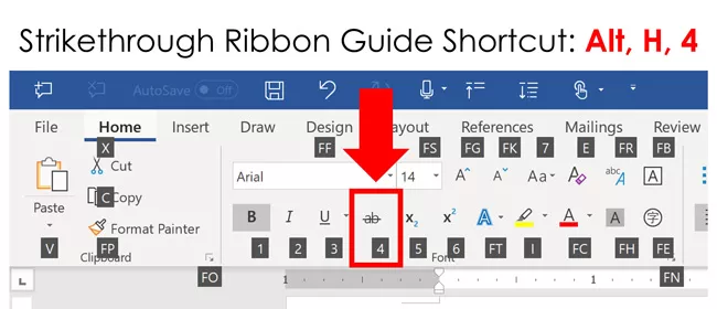The ribbon guide shortcut for the strikethrough effect in Word and PowerPoint is Alt, H, 4 on your keyboard