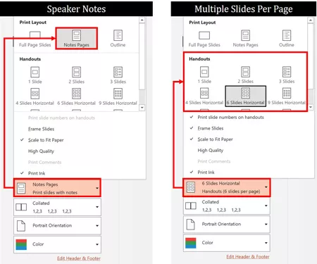 In the Print Layout options, choose either the Notes Page or select multiple slides per page