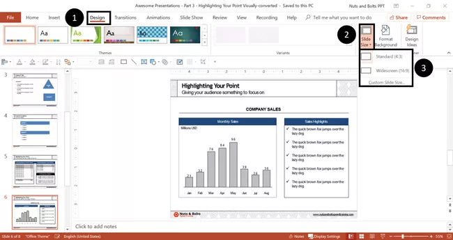 To change your PowerPoint slide size, click the Design tab, open the Slide Size dropdown and choose the size for your slide