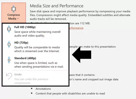 Choose how much you want to compress your videos and other media files within your PowerPoint presentation