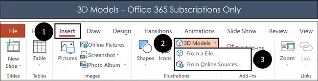 To insert a 3D model in PowerPoint, click the Insert Tab and use the 3D Models command