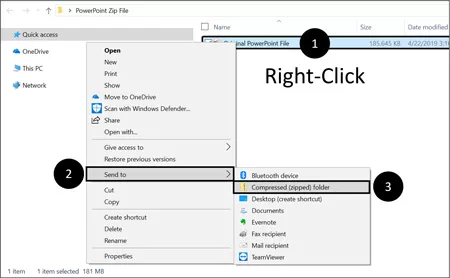 Right-click your file in the File Explorer window, select Send To and then select compressed (ZIP) folder