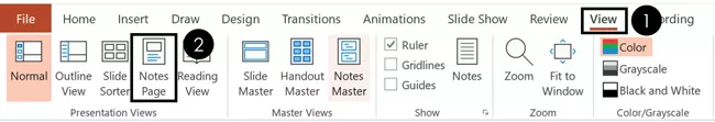 To navigate to the Notes page in PowerPoint, click the View tab and select Notes Page