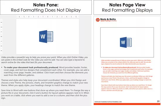 Speaker notes formatting does not fully display in the notes pane view of PowerPoint, whereas it fully displays in the note page view of PowerPoint