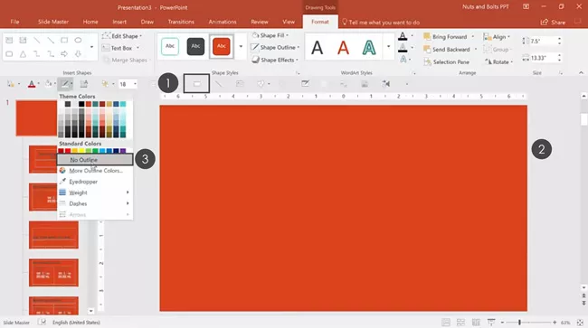 Example inserting and formatting a rectangle with no outline in PowerPoint