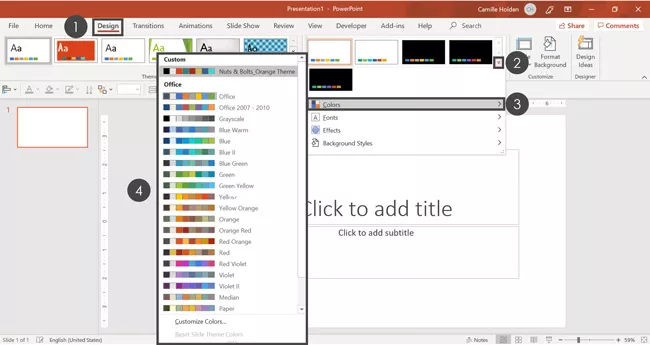 In the Design tab in PowerPoint, open the color dropdown to pick the theme colors you want for your PowerPoint template