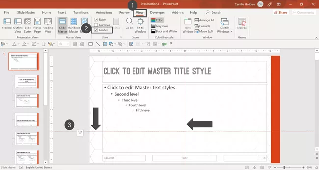 From the view tab, select Guides and then adjust the guides on your slide master to set the guides for your presentation