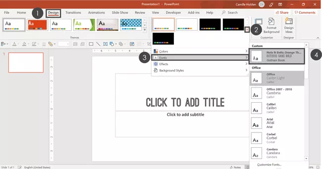 You can change the fonts of your PowerPoint template on the Design tab in the Fonts options