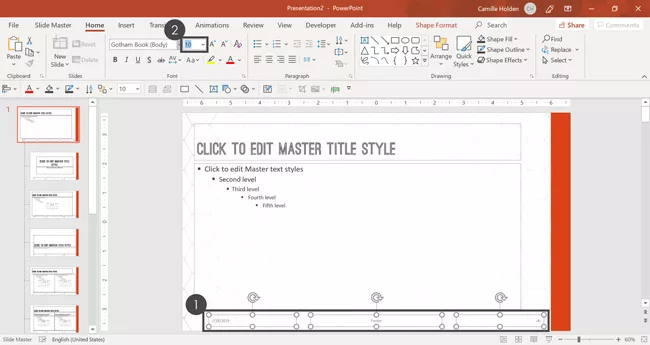 Set the font size of the footers for your template using the font input box on the home tab in PowerPoint