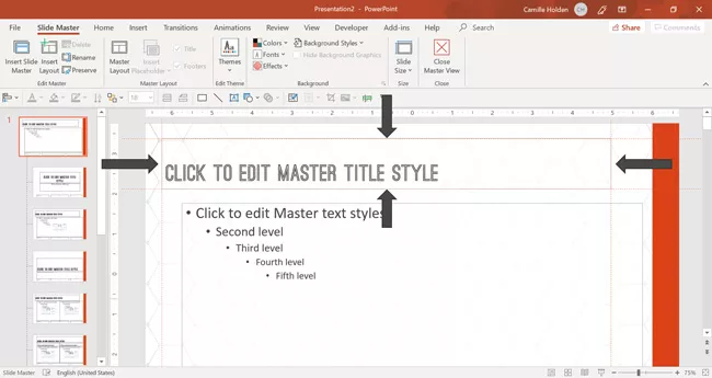 Example using Smart Guides in PowerPoint to perfectly align a placeholder on the slide master